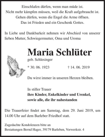 Traueranzeige von Maria Schlüter (geb. Schlesinger)  von Magdeburger Volksstimme
