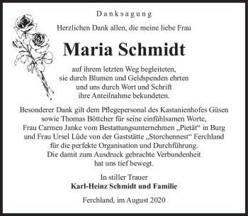 Traueranzeige von Maria Schmidt  von Magdeburger Volksstimme