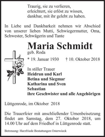 Traueranzeige von Maria Schmidt (geb. Roda)  von Magdeburger Volksstimme