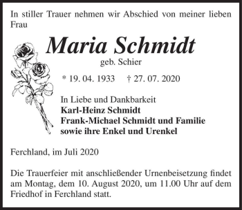 Traueranzeige von Maria Schmidt (geb. Schier)  von Magdeburger Volksstimme