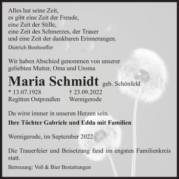 Traueranzeige von Maria Schmidt (geb. Schönfeld)  von Magdeburger Volksstimme