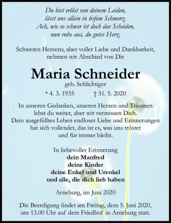 Traueranzeige von Maria Schneider (geb. Schlichtiger)  von Magdeburger Volksstimme