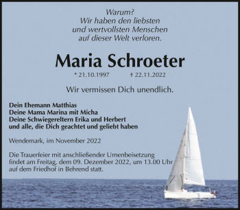 Traueranzeige von Maria Schroeter  von Magdeburger Volksstimme