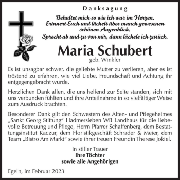 Traueranzeige von Maria Schubert (geb. Winkler)  von Magdeburger Volksstimme