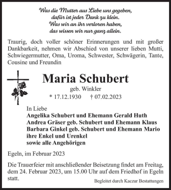 Traueranzeige von Maria Schubert (geb. Winkler)  von Magdeburger Volksstimme