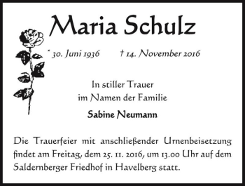 Traueranzeige von Maria Schulz  von Magdeburger Volksstimme