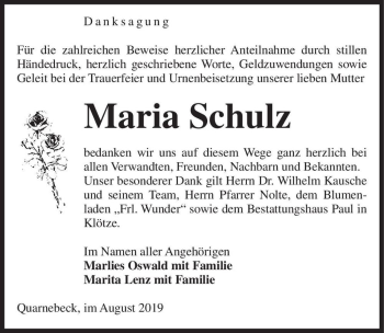 Traueranzeige von Maria Schulz  von Magdeburger Volksstimme