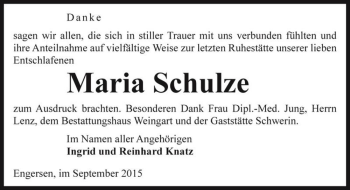 Traueranzeige von Maria Schulze  von Magdeburger Volksstimme