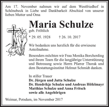 Traueranzeige von Maria Schulze (geb. Fröhlich)  von Magdeburger Volksstimme