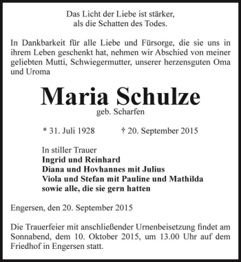Traueranzeige von Maria Schulze (geb. Scharfen)  von Magdeburger Volksstimme