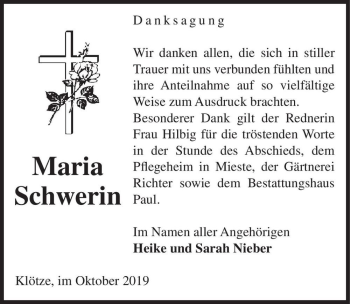 Traueranzeige von Maria Schwerin  von Magdeburger Volksstimme