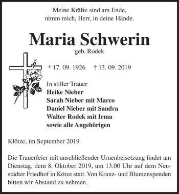 Traueranzeige von Maria Schwerin (geb. Rodek)  von Magdeburger Volksstimme