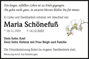 Traueranzeige von Maria Schönefuß  von Magdeburger Volksstimme