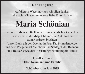 Traueranzeige von Maria Schönian  von Magdeburger Volksstimme