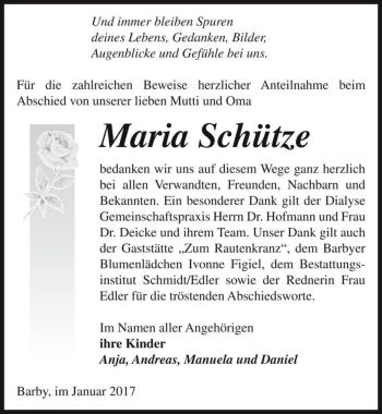 Traueranzeige von Maria Schütze  von Magdeburger Volksstimme