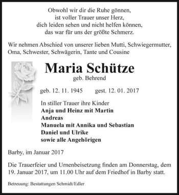 Traueranzeige von Maria Schütze (geb. Behrend)  von Magdeburger Volksstimme