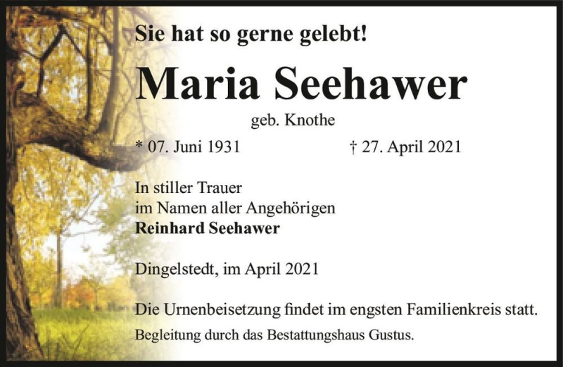  Traueranzeige für Maria Seehawer (geb. Knothe)  vom 30.04.2021 aus Magdeburger Volksstimme