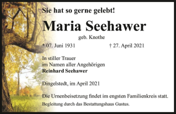 Traueranzeige von Maria Seehawer (geb. Knothe)  von Magdeburger Volksstimme
