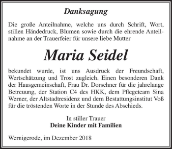 Traueranzeige von Maria Seidel  von Magdeburger Volksstimme