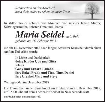 Traueranzeige von Maria Seidel (geb. Buhl)  von Magdeburger Volksstimme