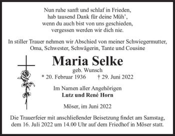 Traueranzeige von Maria Selke (geb. Wunsch)  von Magdeburger Volksstimme
