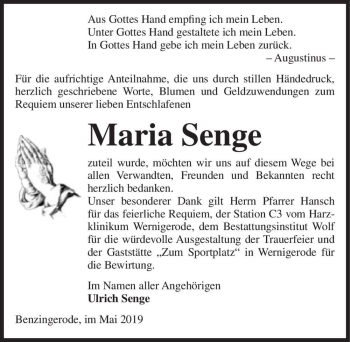 Traueranzeige von Maria Senge  von Magdeburger Volksstimme