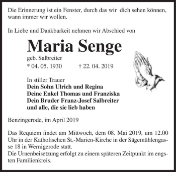 Traueranzeige von Maria Senge (geb. Salbreiter)  von Magdeburger Volksstimme