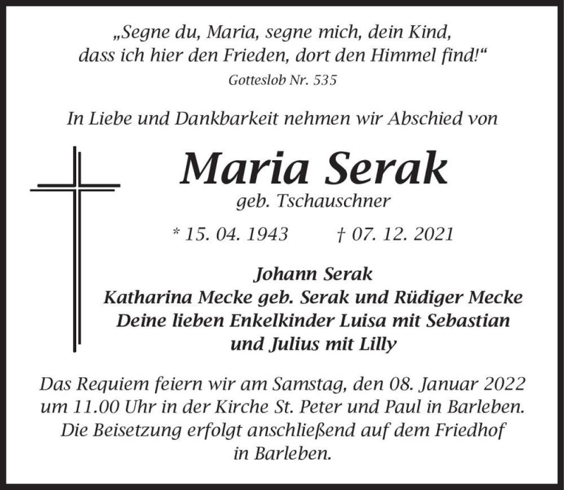  Traueranzeige für Maria Serak (geb. Tschauschner)  vom 18.12.2021 aus Magdeburger Volksstimme