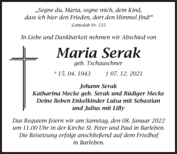 Traueranzeige von Maria Serak (geb. Tschauschner)  von Magdeburger Volksstimme