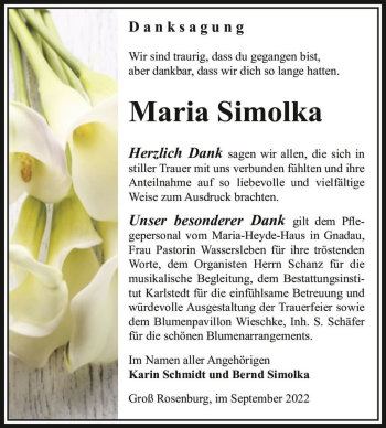 Traueranzeige von Maria Simolka  von Magdeburger Volksstimme