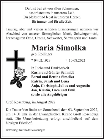 Traueranzeige von Maria Simolka (geb. Rollinger)  von Magdeburger Volksstimme