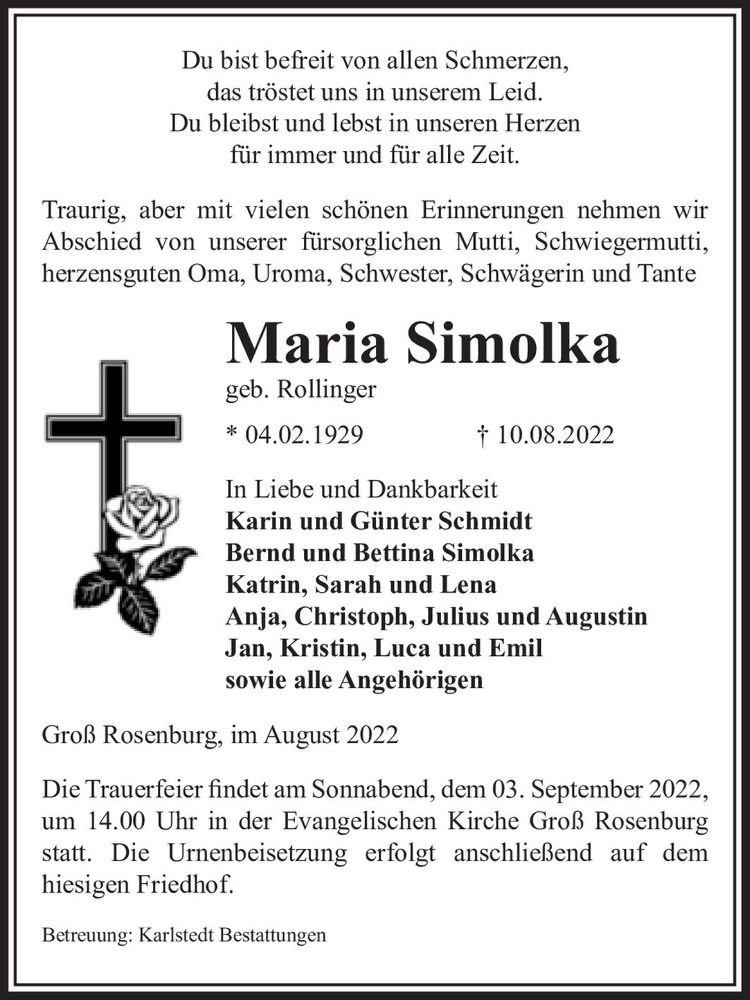  Traueranzeige für Maria Simolka (geb. Rollinger)  vom 27.08.2022 aus Magdeburger Volksstimme