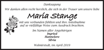 Traueranzeige von Maria Stange  von Magdeburger Volksstimme