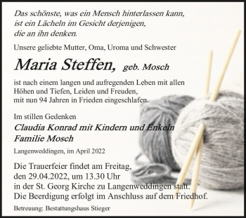 Traueranzeige von Maria Steffen (geb. Mosch)  von Magdeburger Volksstimme