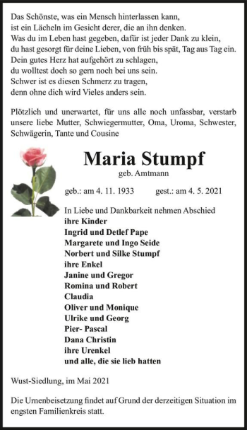 Traueranzeige von Maria Stumpf (geb. Amtmann)  von Magdeburger Volksstimme