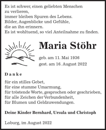 Traueranzeige von Maria Stöhr  von Magdeburger Volksstimme