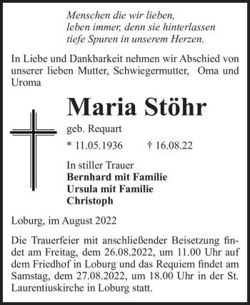 Traueranzeige von Maria Stöhr (geb. Requart)  von Magdeburger Volksstimme