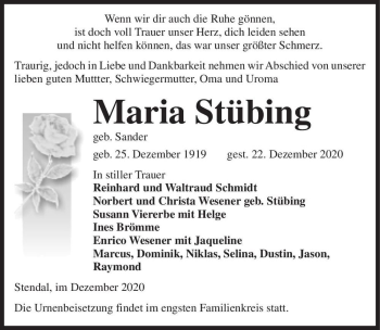 Traueranzeige von Maria Stübing (geb. Sander)  von Magdeburger Volksstimme