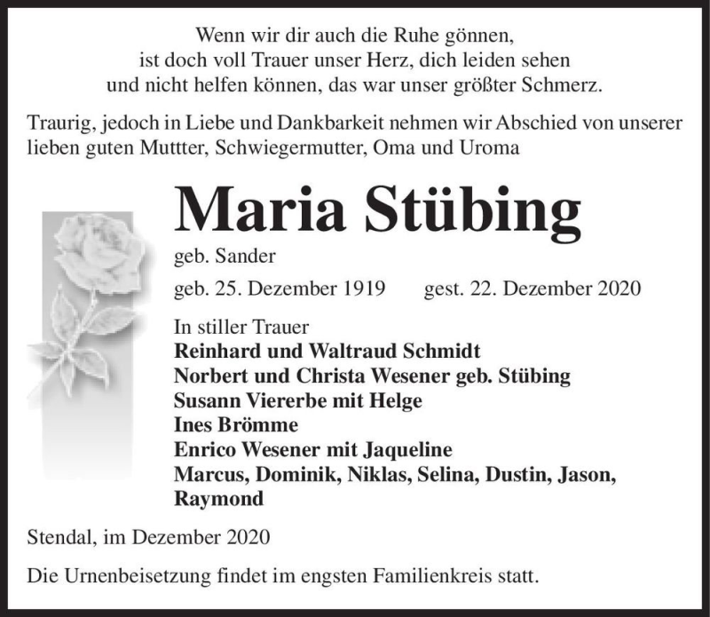  Traueranzeige für Maria Stübing (geb. Sander)  vom 30.12.2020 aus Magdeburger Volksstimme