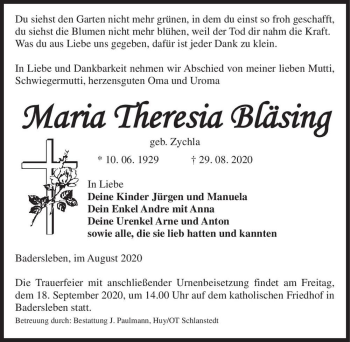 Traueranzeige von Maria Theresia Bläsing (geb. Zychla)  von Magdeburger Volksstimme