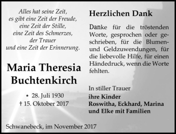 Traueranzeige von Maria Theresia Buchtenkirch  von Magdeburger Volksstimme