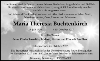 Traueranzeige von Maria Theresia Buchtenkirch  von Magdeburger Volksstimme