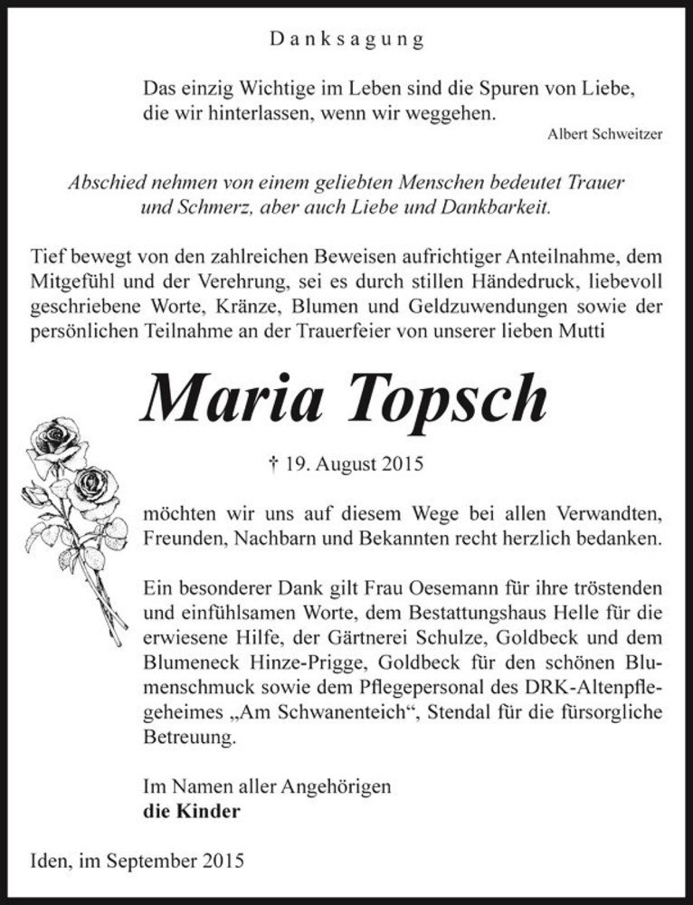  Traueranzeige für Maria Topsch  vom 12.09.2015 aus Magdeburger Volksstimme