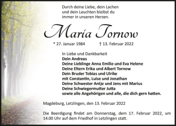 Traueranzeige von Maria Tornow  von Magdeburger Volksstimme
