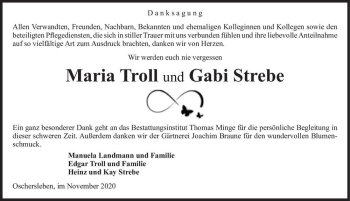 Traueranzeige von Maria Troll und Gabi Strebe  von Magdeburger Volksstimme