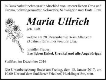Traueranzeige von Maria Ullrich (geb. Luft)  von Magdeburger Volksstimme
