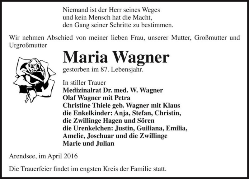  Traueranzeige für Maria Wagner  vom 30.04.2016 aus Magdeburger Volksstimme