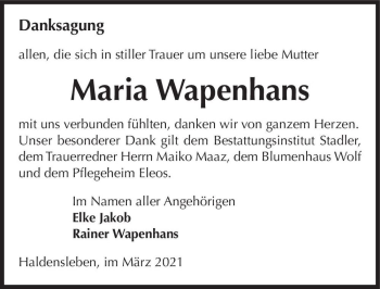 Traueranzeige von Maria Wapenhans  von Magdeburger Volksstimme