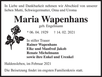 Traueranzeige von Maria Wappenhans (geb. Engelmann)  von Magdeburger Volksstimme