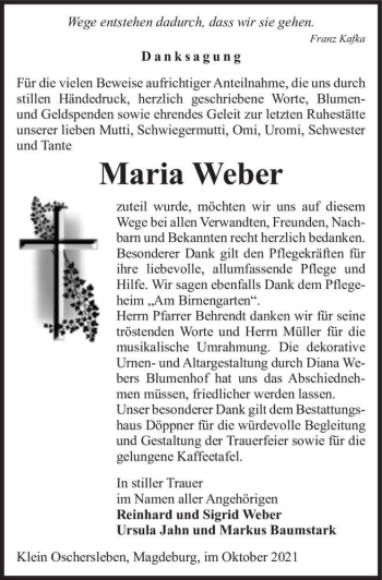 Traueranzeige von Maria Weber  von Magdeburger Volksstimme